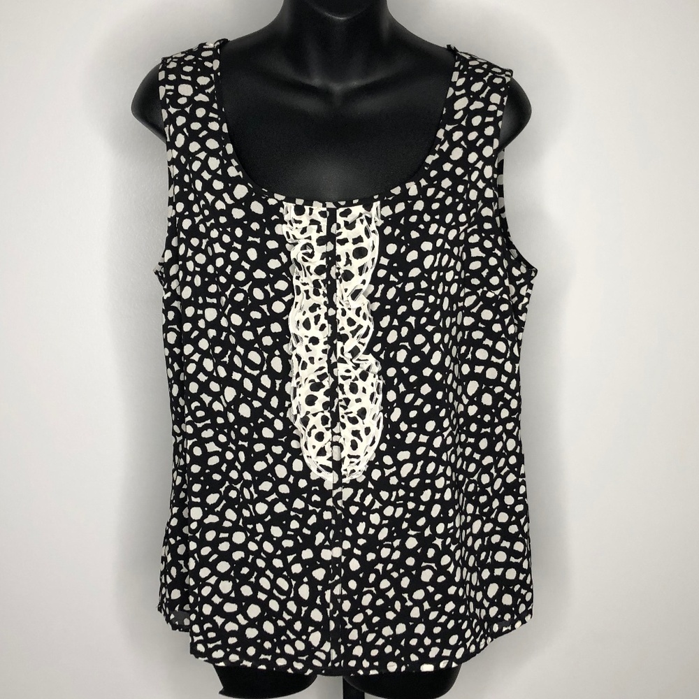 St. John Black White Abstract Print Ruffle Silk Top M